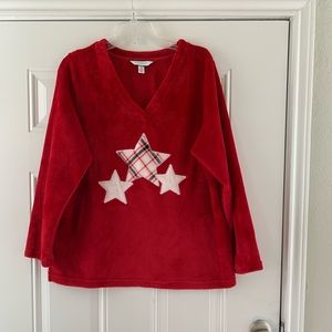 Charter Club Red Fleece Vneck Top with Stars!  Super soft!   Christmas!!